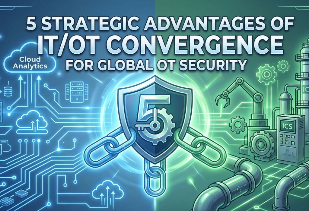 A dynamic, illustrative split-screen graphic optimized for a blog thumbnail. The left side shows bright blue IT network nodes and cloud icons, while the right side features glowing green industrial ICS components like a refinery and robotic arm. In the center, a powerful shield with a stylized number '5' and key symbol is unified by interlocking links, representing '5 Strategic Advantages' for global OT Security. Bold white text across the top reads: '5 STRATEGIC ADVANTAGES OF IT/OT CONVERGENCE'. Below it: 'FOR GLOBAL OT SECURITY'. The style is futuristic and high-definition