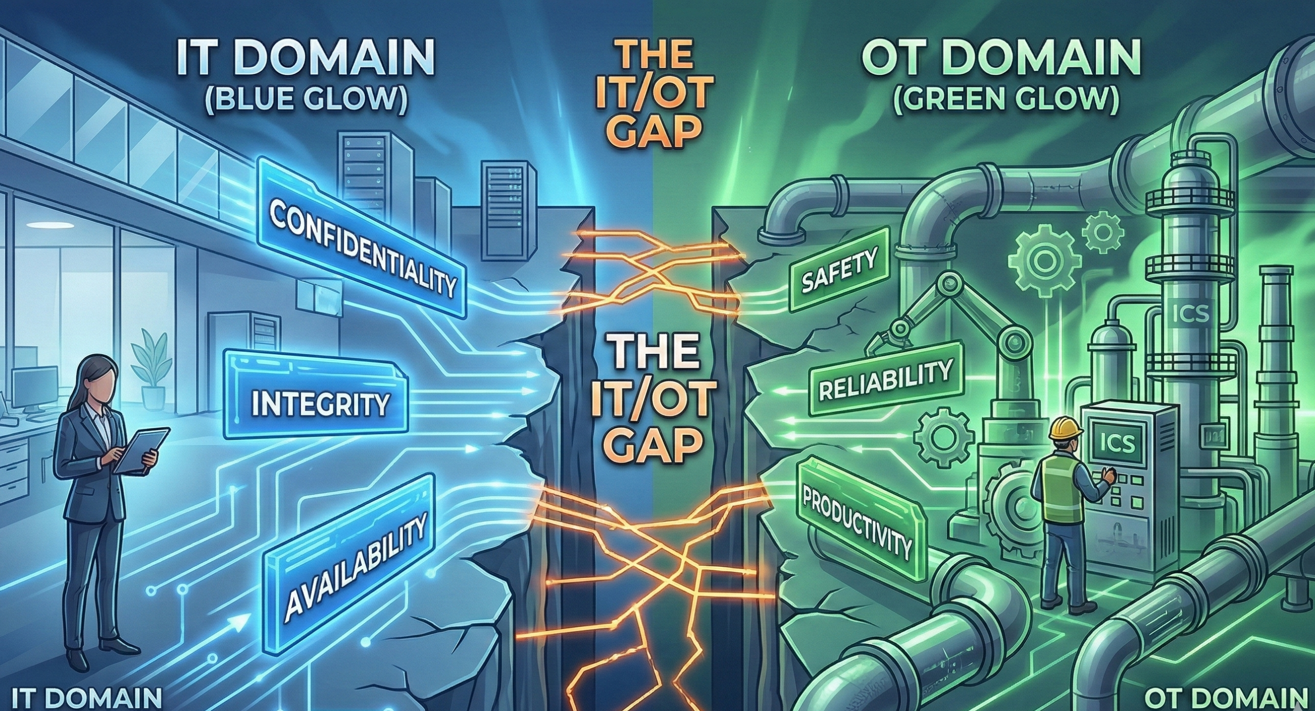 An illustrative, futuristic diagram contrasting the IT and OT domains, consistent with the glowing blue and green design of image_0.png. The left side (IT DOMAIN) uses sleek blue aesthetics to label 'CONFIDENTIALITY', 'INTEGRITY', and 'AVAILABILITY'. The right side (OT DOMAIN), showing industrial assets like the refinery in image_0.png, uses rugged green aesthetics to label 'SAFETY', 'RELIABILITY', and 'PRODUCTIVITY'. A central gap is spanned by fractured orange data lines labeled 'THE IT/OT GAP'. The style is illustrative and high-definition.