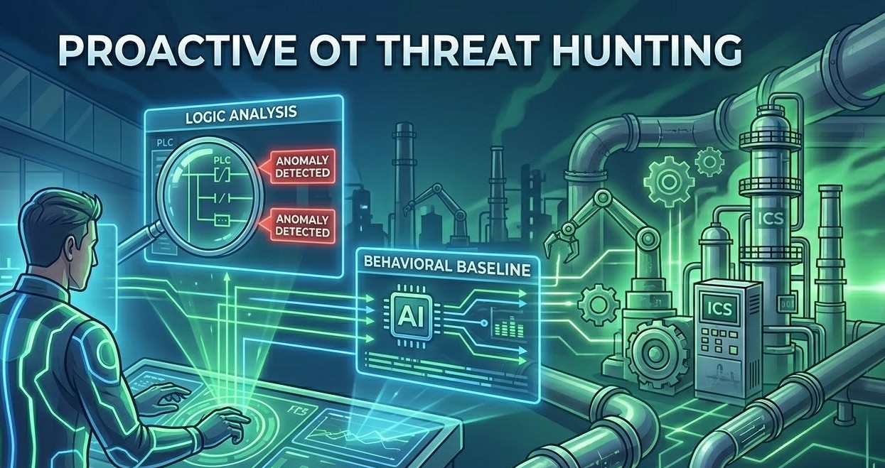 An illustrative, high-definition visualization of a proactive OT Threat Hunting scene, matching the glowing blue and green aesthetic of image_0.png and image_1.png. A specialized analyst figure, using glowing holographic interfaces, investigates multiple data streams projected from the dimly lit refinery assets (the 'Crown Jewels' from image_0.png). A magnified holographic view shows 'LOGIC ANALYSIS' with red 'ANOMALY DETECTED' flags, while another 'BEHAVIORAL BASELINE' uses AI. The style is illustrative and professional.